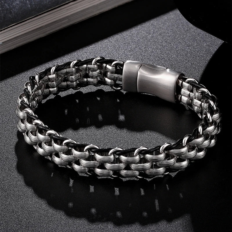 MKENDN locomotive Men Stainless Steel Chain Charm Leather Punk Biker Jewelry Rock Viking Wolf Wristband Fashion Accessories Gift