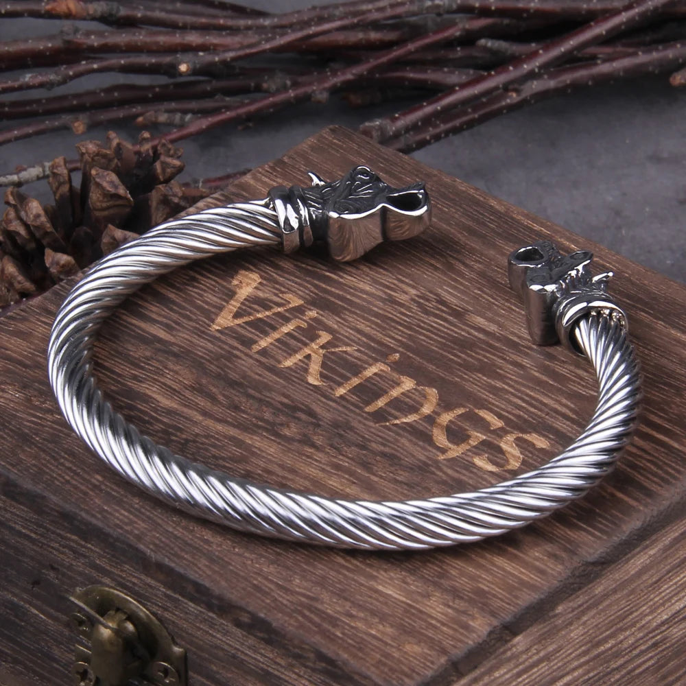 Bracelet en acier inoxydable avec ours nordique Viking réglable pour homme avec boîte en bois Viking