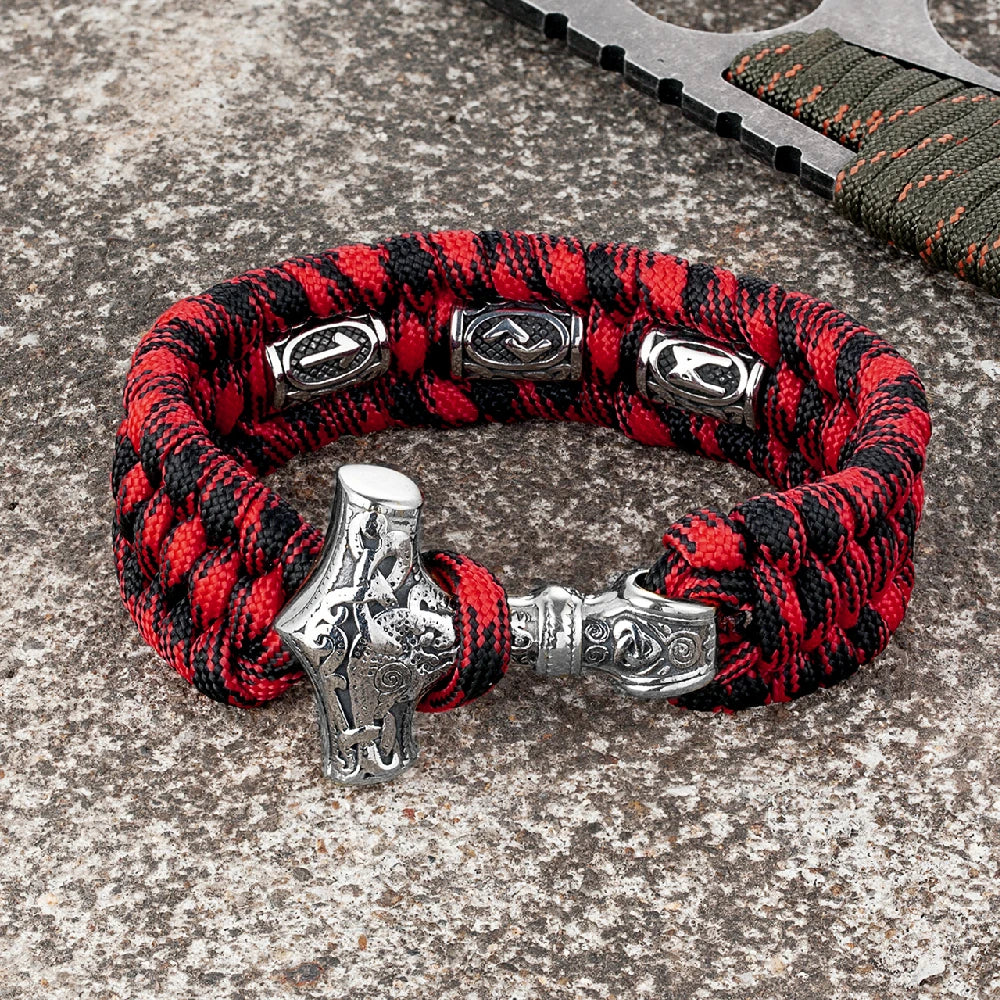 MKENDN Thor's Hammer Viking Bracelet Mjolnir Scandinavian Runes Amulet Beads Survival Bracelets Men Women Handmade Amulet  Jewel