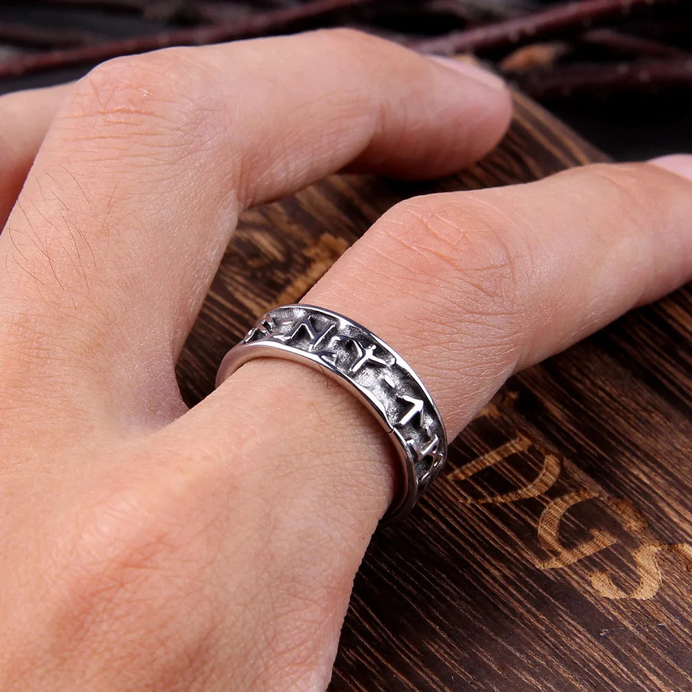 Viking Rune Stainless Steel Ring with wooden gift box
