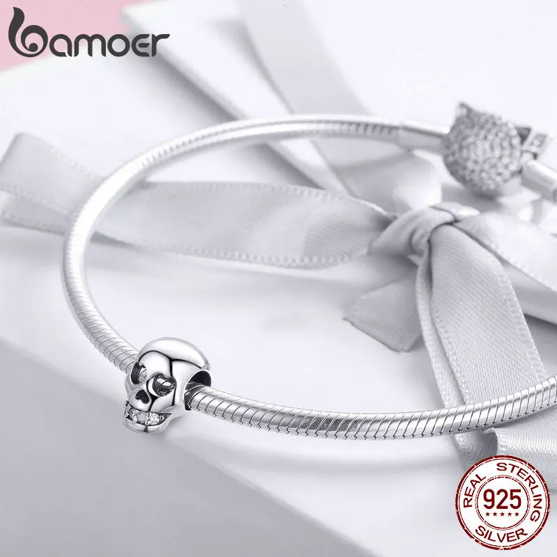 bamoer Vintage Vines Bead 925 Sterling Silver Cool Skull Man Charms Pendant Fit Women Original Bracelet or Bangle Halloween Gift