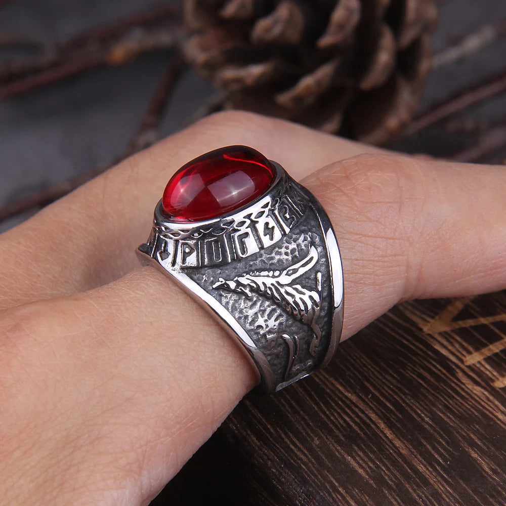 2020 Hot Selling Stainless Steel Red Stone Ring Viking raven and wolf ring never fade rune ring as men gift