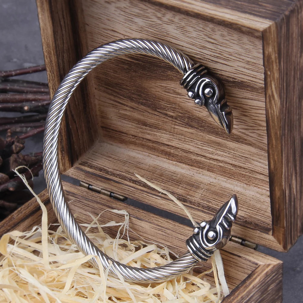 Bracelet en acier inoxydable avec corbeau nordique Viking réglable pour homme avec boîte en bois Viking