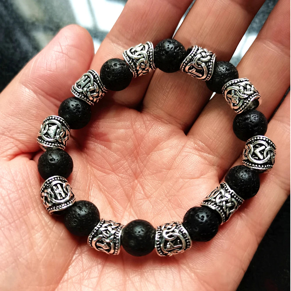 Fashion Charm Beads Bracelet Vintage Volcano Lava Stone Beads Runes Beads Men Bracelet Viking Rune Bracelet Jewelry Women Gift