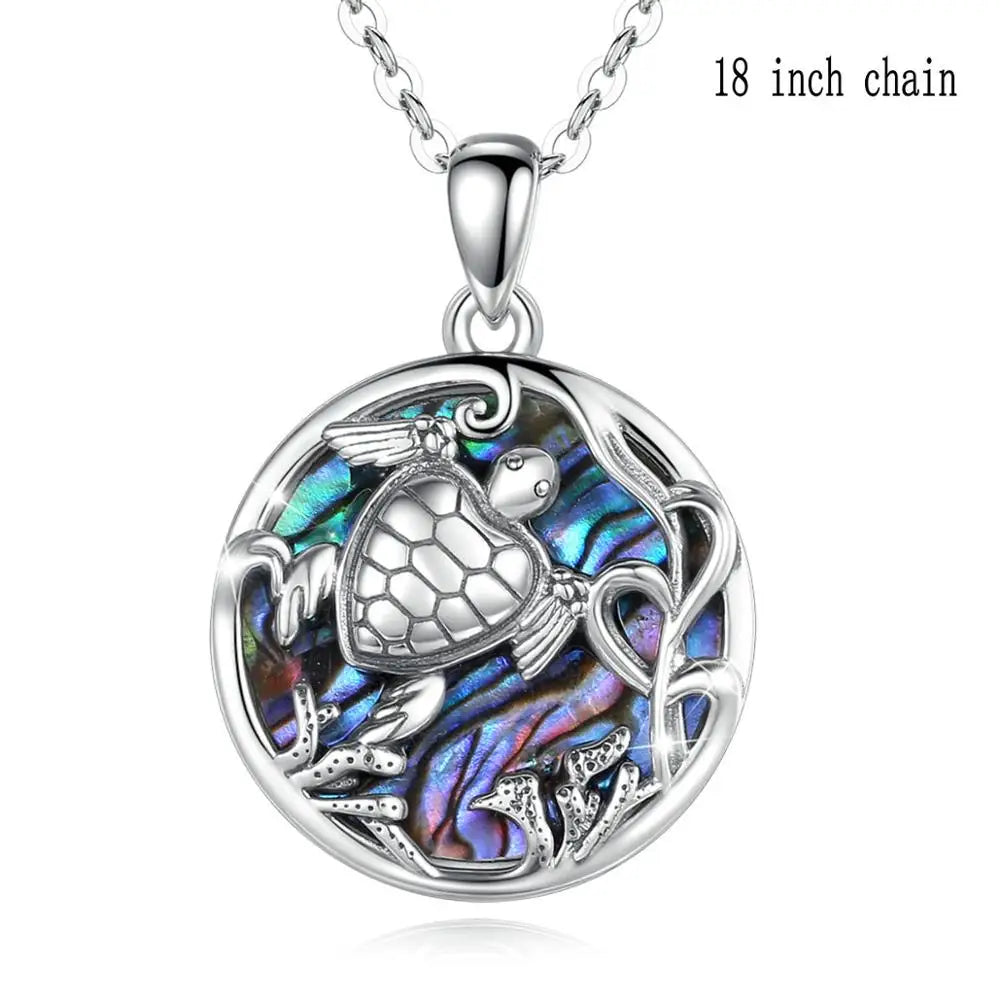 Eudora 925 Sterling Silver Ocean sea turtle Pendant Necklace with Mother of silver animal Blue colorful fine Jewelry for women