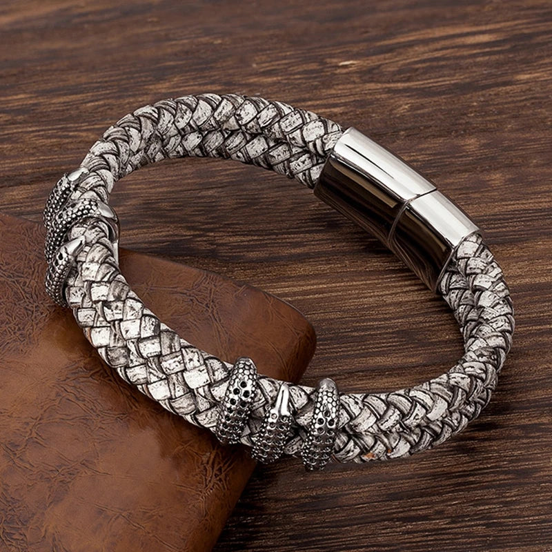 MKENDN Gothic Men Vintage Gray Braided Genuine Leather Bracelet Dragon Claw Homme Femme Bracelets Handmade Jewelry Pulseras