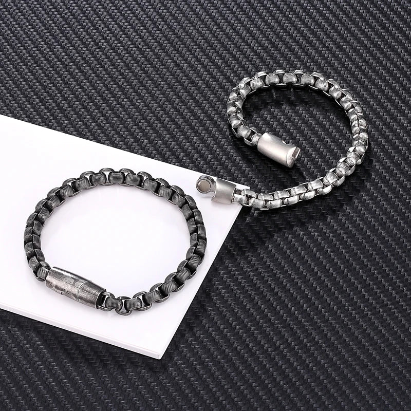 MKENDN Vintage Oxidized Cool Curb Chain Bracelets for Men Stainless Steel Punk Rock Antique Cubic Foxtail Chain Male Pulseira