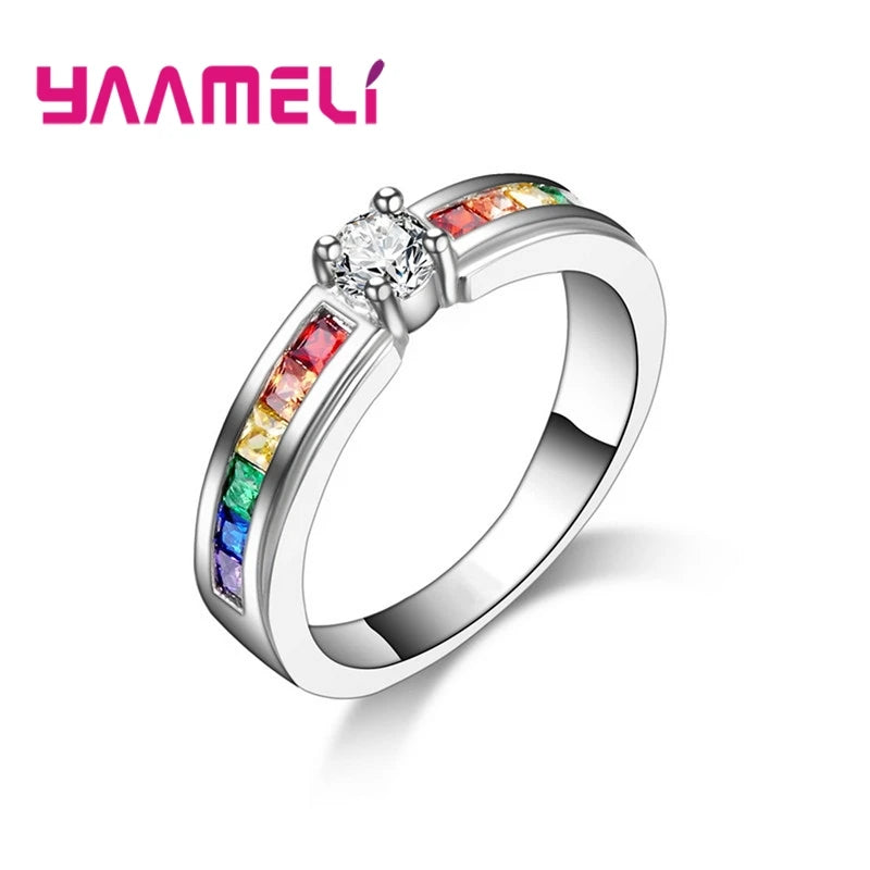 Echt 100% 925 Sterling Silber Farbe Regenbogen Cubic Zirkon Ringe Für Frauen Hochzeit Schöne Engagement Vorschlag Ring Zubehör