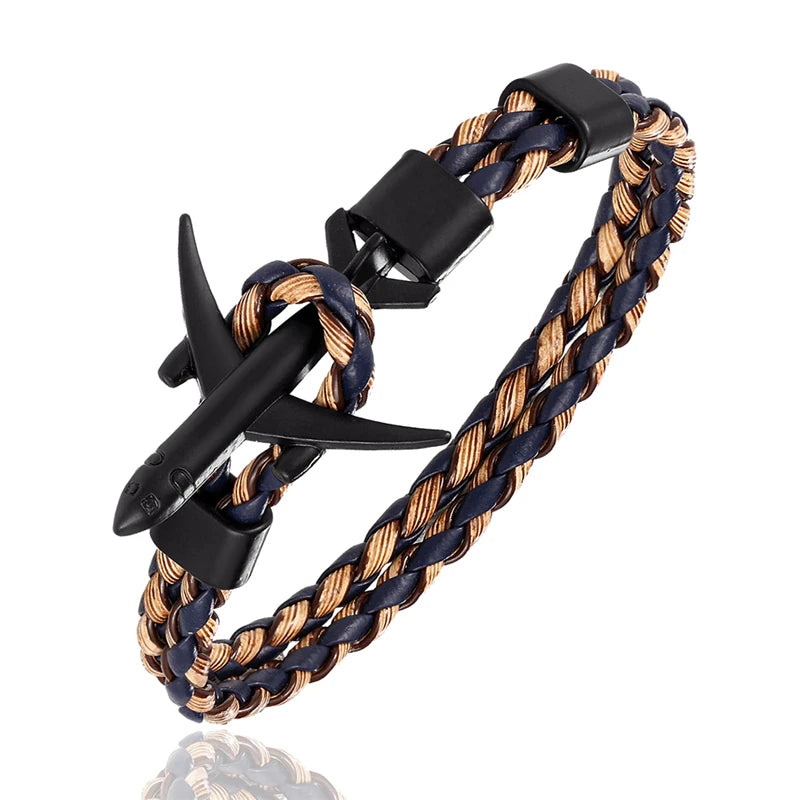 MKENDN Fashion Airplane Anchor Bracelets Women Charm Leather Bracelets Men Metal Hooks Hope Homme Jewelry Aviation Style