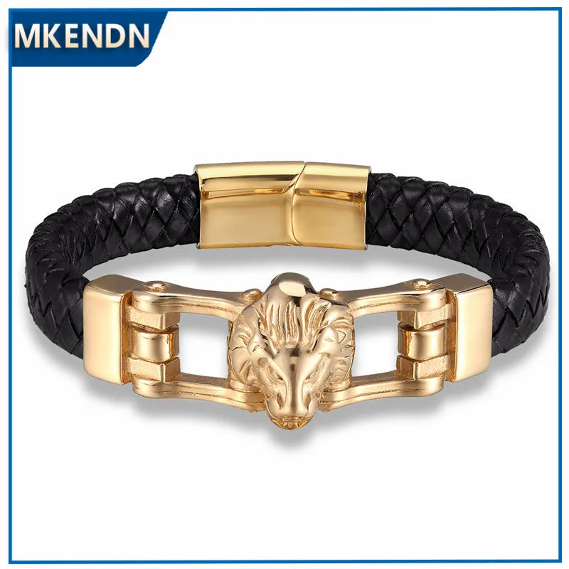 MKENDN High Quality Genuine Leather Bracelet For Men Vikings Wolf Lion Hand Charm Bracelets Magnet Buckle Handmade Punk Jewelry