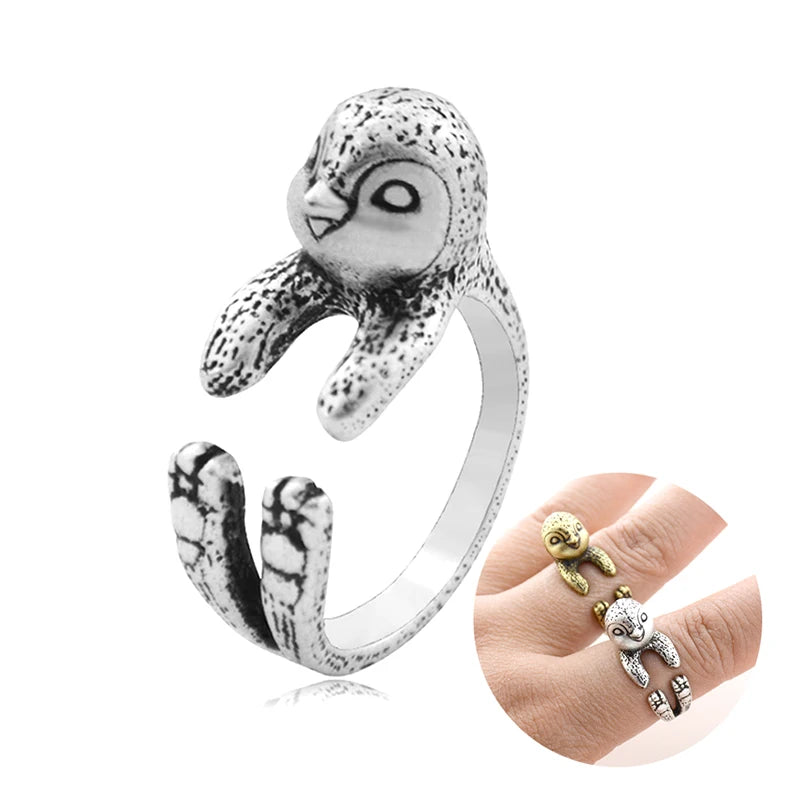 New Fashion Vintage Silver Plated Punk Penguin Couple Rings For Women Gothic Cute Animals Ring Men Anel Boho Jewelry Love Gift