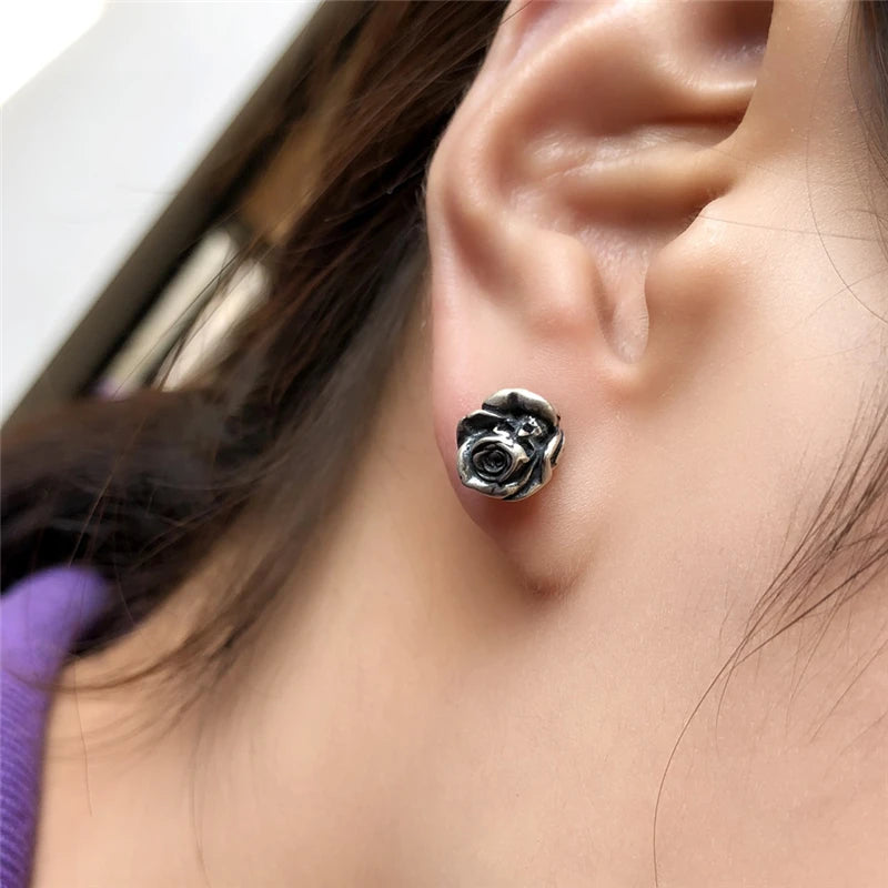 MKENDN 100% 925 Sterling Silver Retro Black Death Rose Flower Stud Earrings Trendy Street Punk Ear Fine Jewelry For Men Women