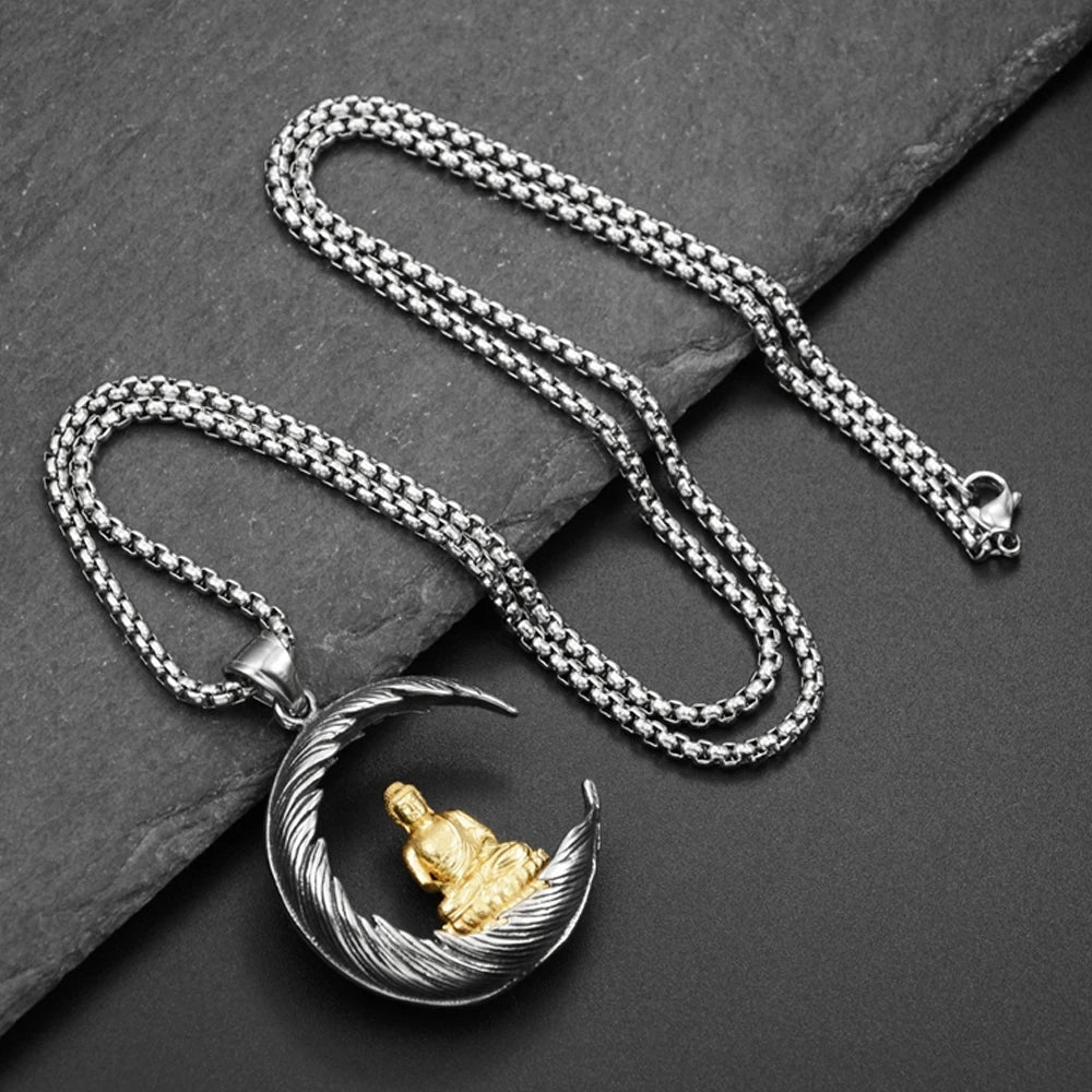 Meditation Feather Buddha Necklace Pendant Men Stainless Steel Tathagata Avalokitesvara Pendant Buddhist Amulet Jewelry