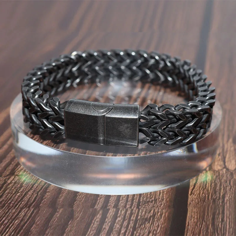 Pulsera de cadena estilo punk de acero inoxidable de doble capa negra vintage para hombre, joyería para motociclistas, fiestas rockeras dominantes