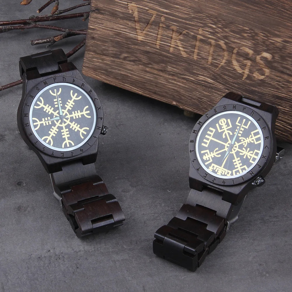 Handmade Viking Runic Circle Wooden Wristwatch