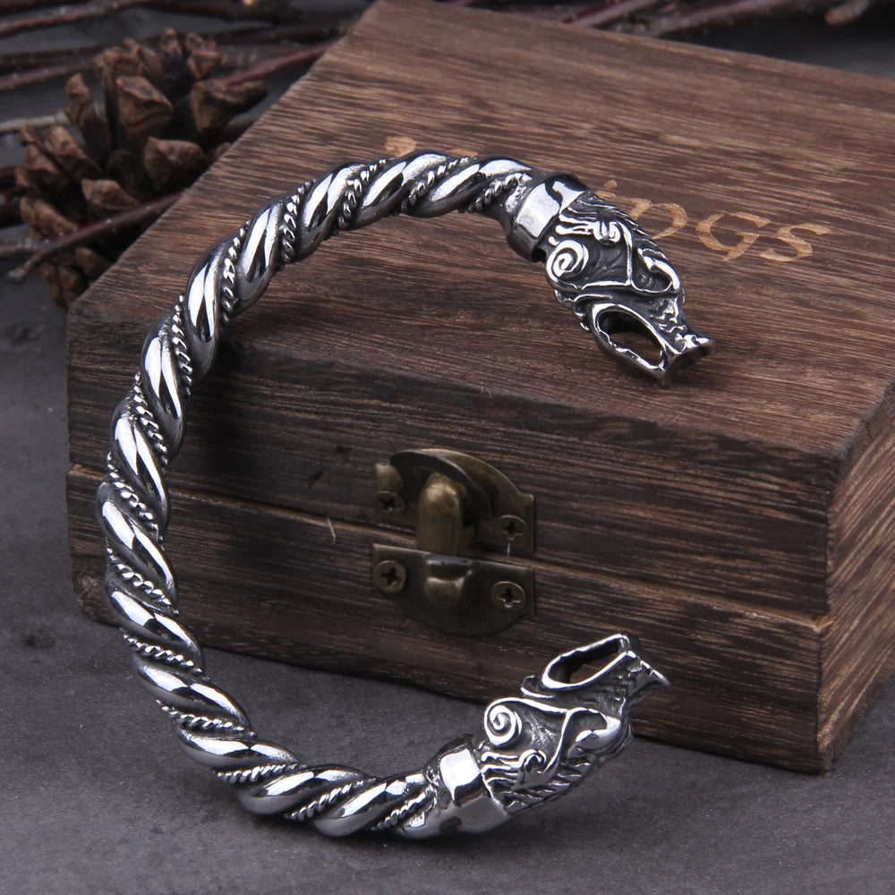 Bracelet en acier inoxydable avec dragon nordique Viking réglable pour homme avec boîte en bois Viking