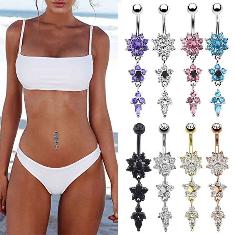 Hot Sexy Dangled Stainless Steel Belly Button Rings 10 Colors Flower Navel Piercing Ombligo Women Earrings Piercing Body Jewelry