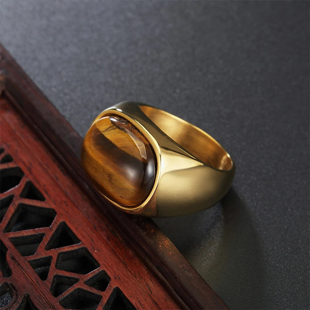 Anillos de piedra marrón ojo de tigre retro de color dorado/acero para hombres y mujeres, anillo de piedra de acero inoxidable clásico elegante y simple, regalo de joyería