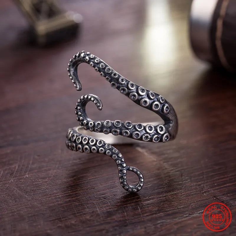 MKENDN Vintage Unique 925 Sterling Silver Cool Octopus Claw Tentacles  Ring For Men and Women Gothic Street Rock Punk Jewelry