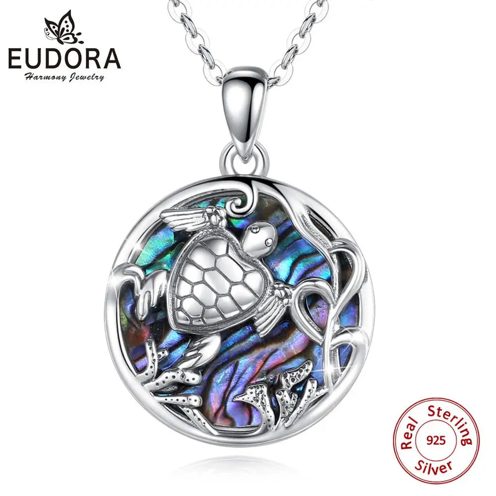 Eudora 925 Sterling Silver Ocean sea turtle Pendant Necklace with Mother of silver animal Blue colorful fine Jewelry for women