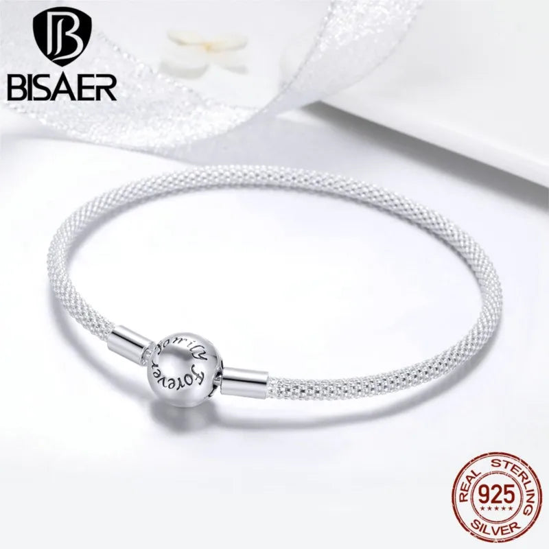 BISAER 925 Sterling Silver Forever Love Round Classic Bracelets Fit DIY Charms Bead For Women Female Luxury Fine Jewelry Gift