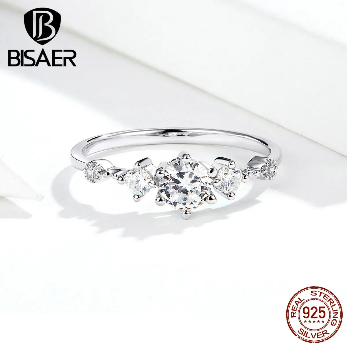 BISAER 925 Sterling Silver Stackable Cubic Zircon Finger Rings Eternity Band For Women Wedding Engagement Fine Jewelry Gift