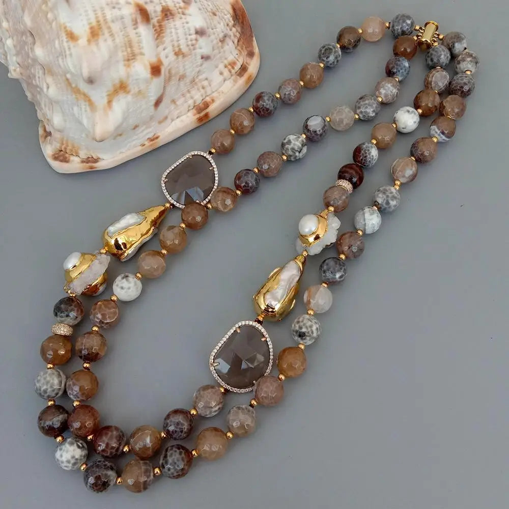 Y·YING 2 Strands 12mm Faceted Round Brown Fire Agates Crystal Pearl Quartz Druzy Choker Necklace 21"