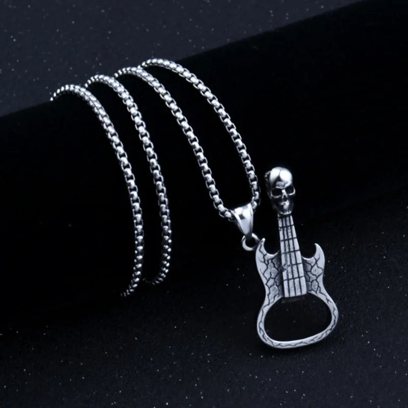 Classic Fashion Skull Electric Guitar Pendant Necklace Men Women Party Hip Hop Halloween Jewelry Gifts