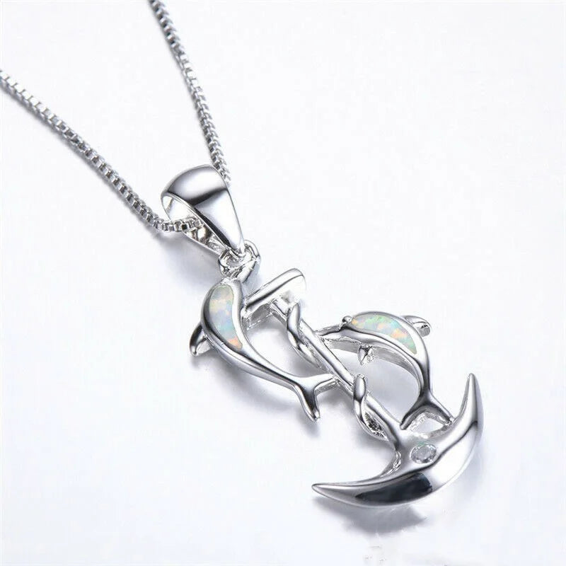 Fashion Lady Silver Dolphin Blue Simulated Opal Pendant Necklace Jewelry