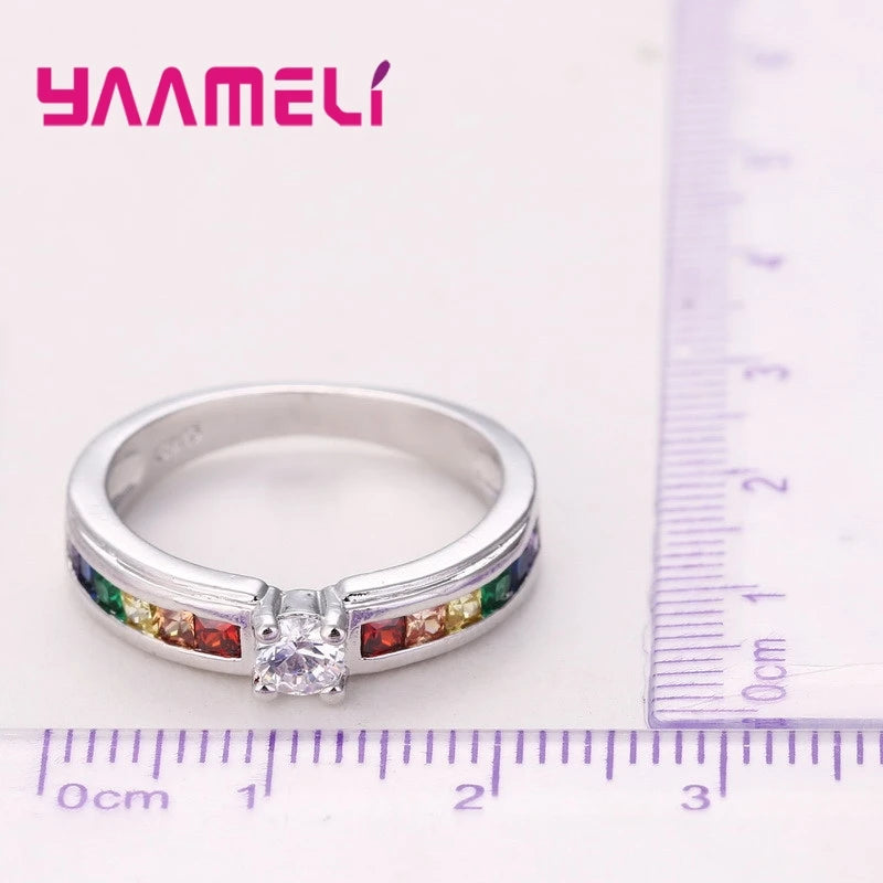 Bague en argent sterling 925 véritable à 100 % avec zircon cubique arc-en-ciel pour femme, accessoire de mariage, de fiançailles, de demande en mariage