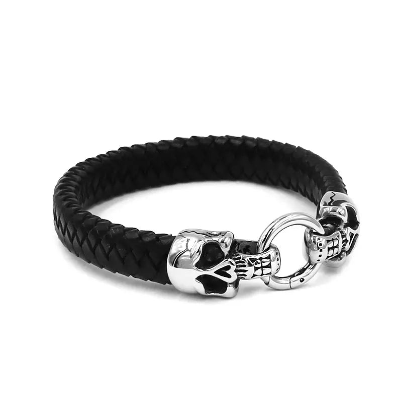 Vintage Gothic Double Skull Charm Leather Bracelet Stainless Steel Jewelry Braided Leather Biker Men Bangle SJB0357A