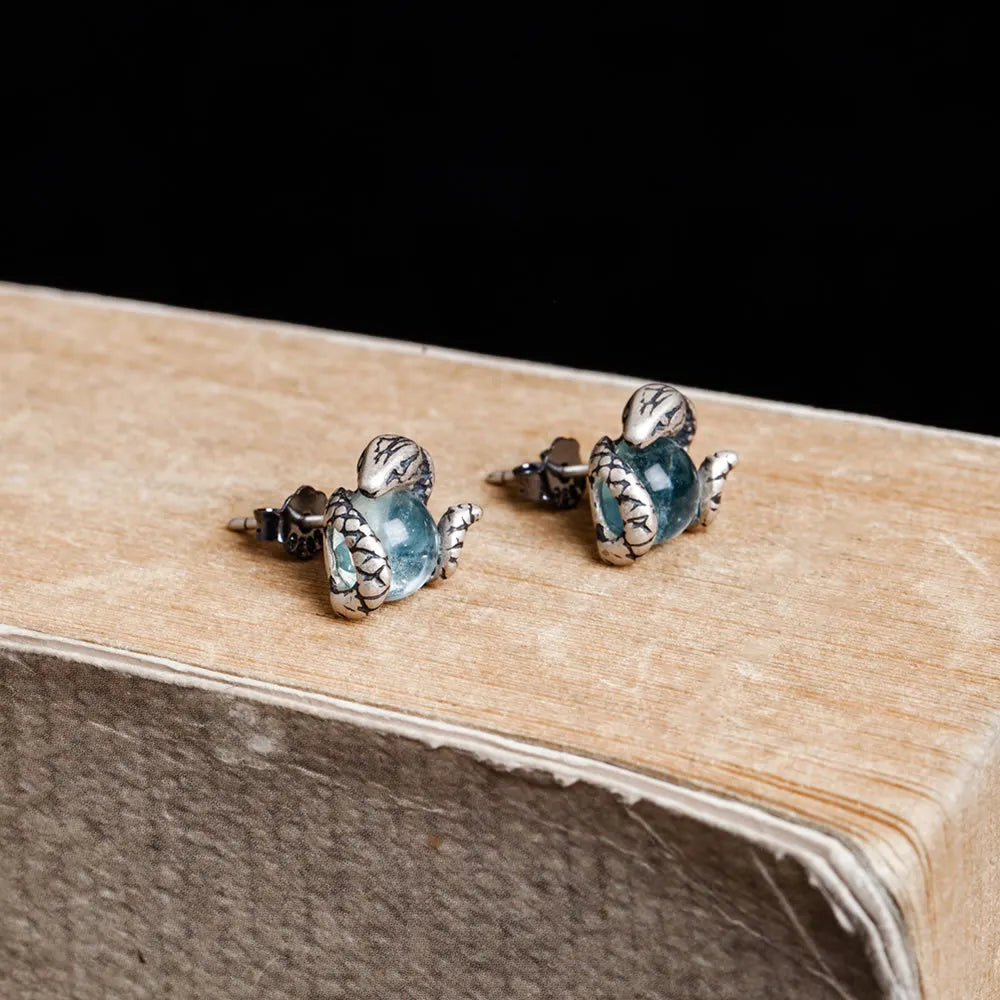 MKENDN New 100% 925 Sterling Silver Earrings Men Women Vintage Snake Stud Earrings With Light blue Stone Personality Jewelry