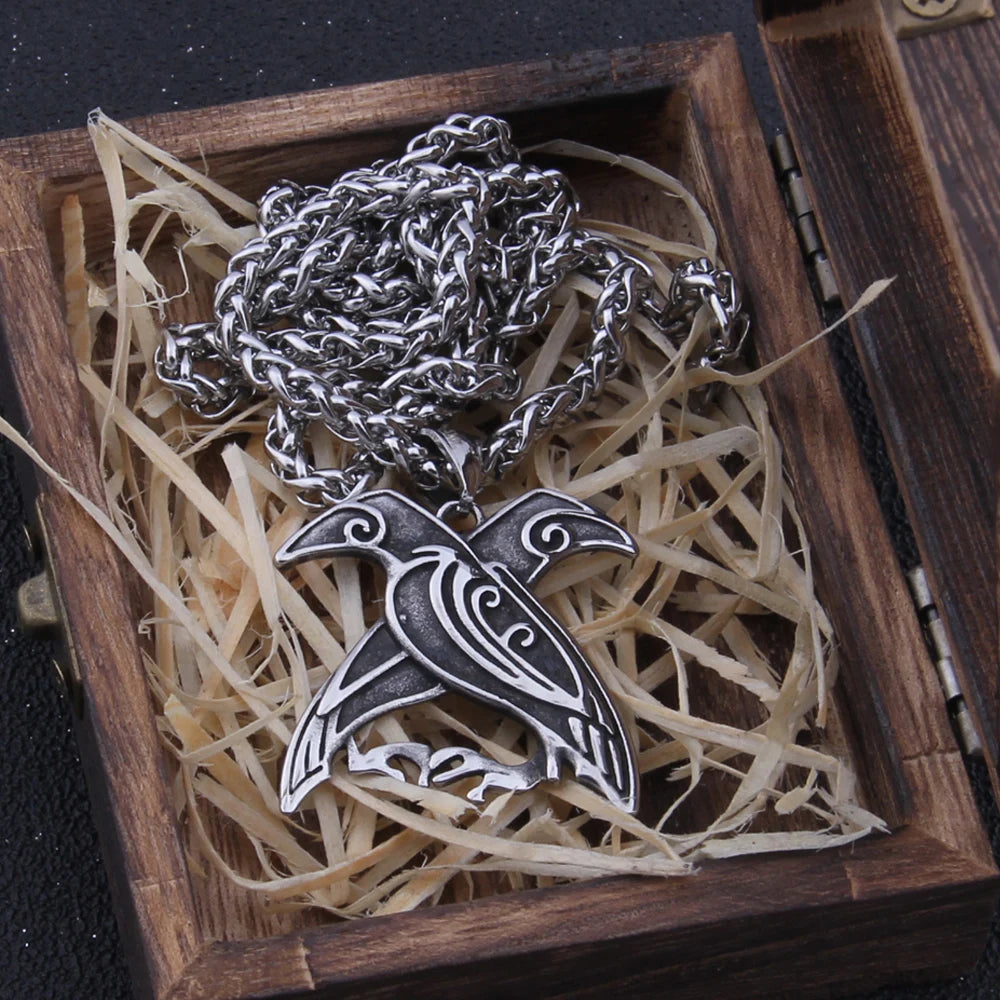 Nordic Odin Huginn and Muninn Raven Pendant Necklace