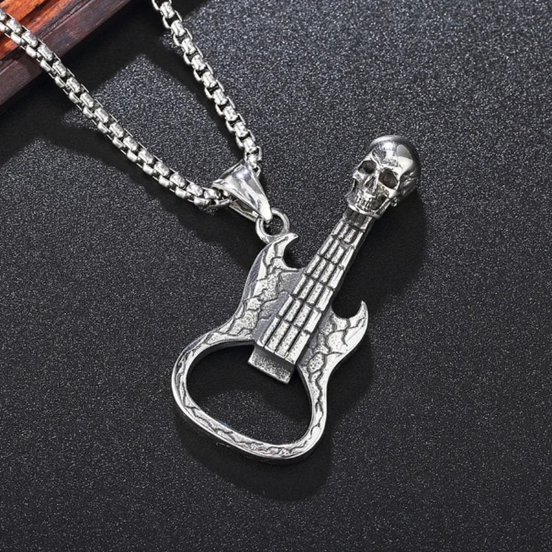 Collar con colgante de guitarra eléctrica con calavera clásica de moda para hombres y mujeres, joyería de fiesta de hip hop para Halloween, regalos