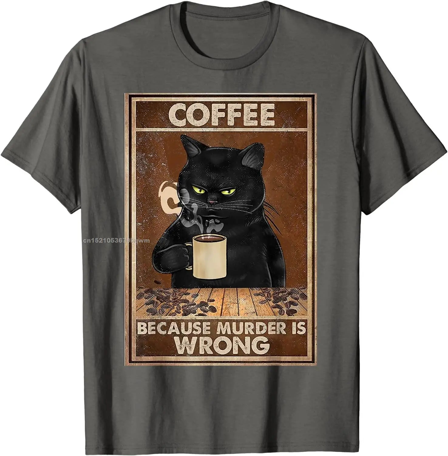 Camiseta divertida con texto "Café porque matar está mal", "El gato negro bebe café", camiseta de hip hop de gran tamaño, camisetas de algodón para hombres, ocio