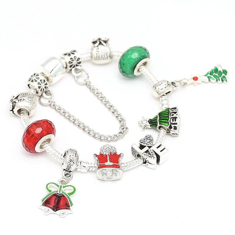 Christmas Tree & Bell Pendant Charm Bracelet Silver Color Bracelet For Women Kids DIY Handmade Xmas Jewelry Gift