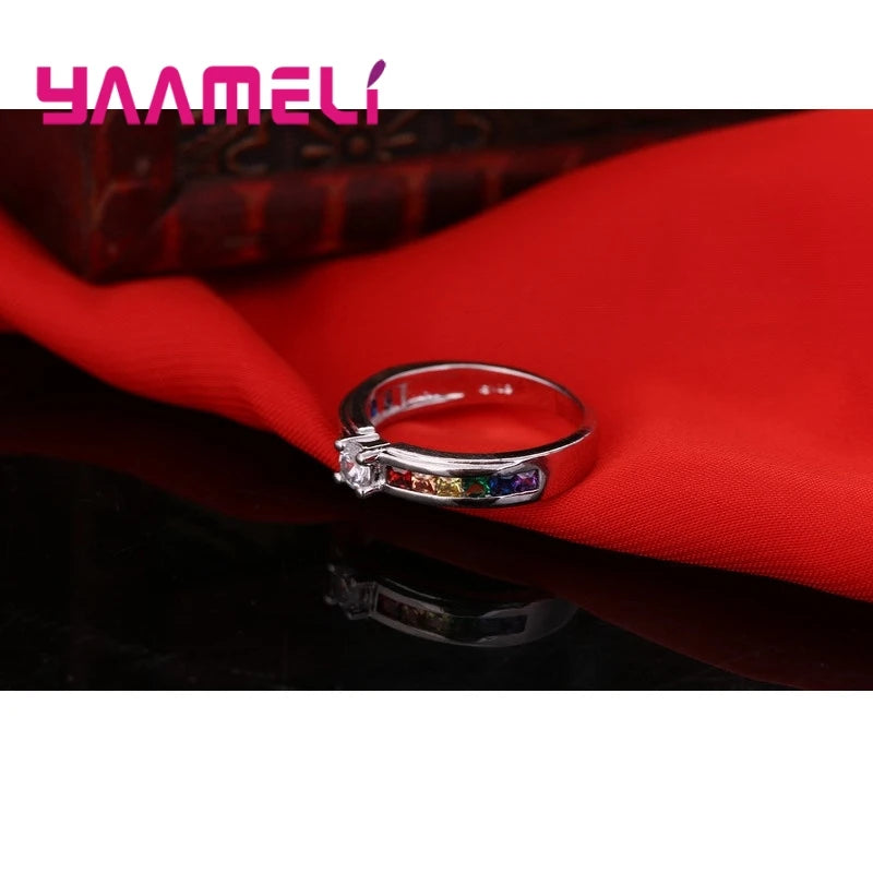 Bague en argent sterling 925 véritable à 100 % avec zircon cubique arc-en-ciel pour femme, accessoire de mariage, de fiançailles, de demande en mariage