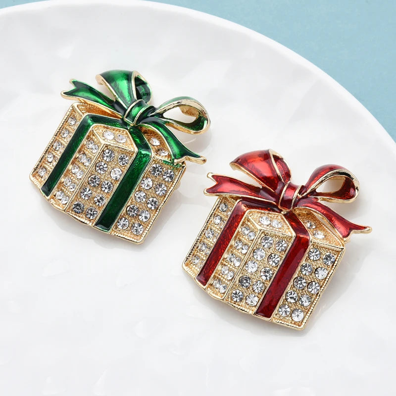 Wuli&baby Rhinestone Enamel Gift Box Brooches For Women Men Red Green Bowknot Box Casual Party Brooch Pin Gifts