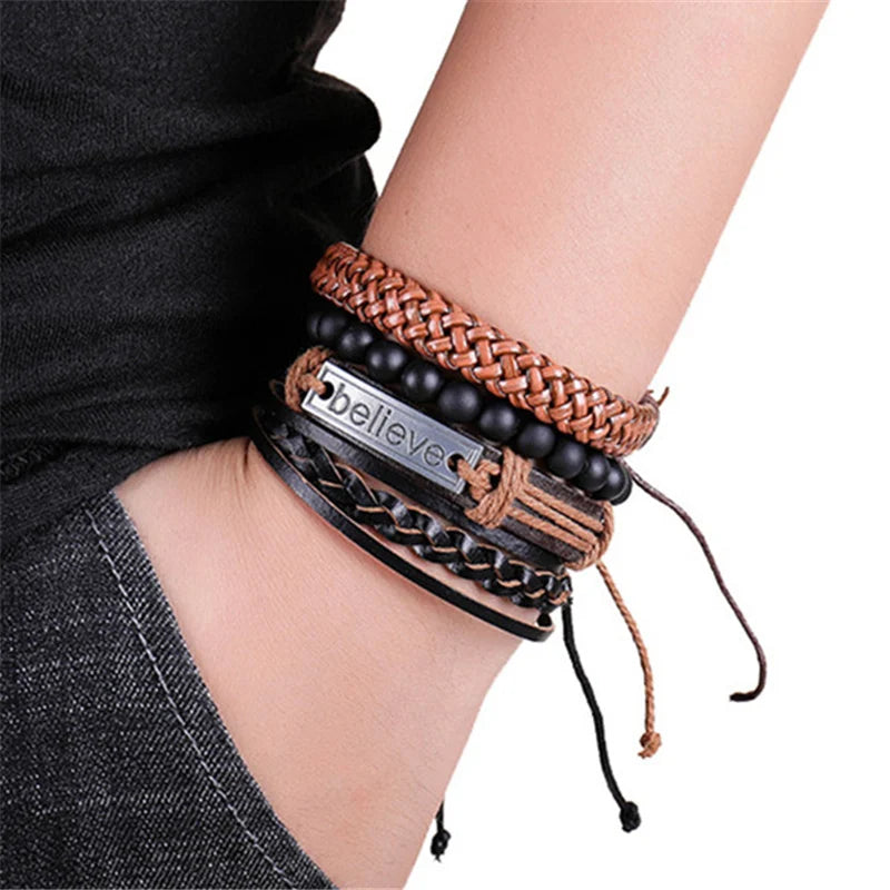 Mix 3/4Pcs/ Set Bracelets & Bangles Mens Leather Bracelets 2019 Vintage Wooden Beads Ethnic Tribal Wristbands Bracelet Evil Eye