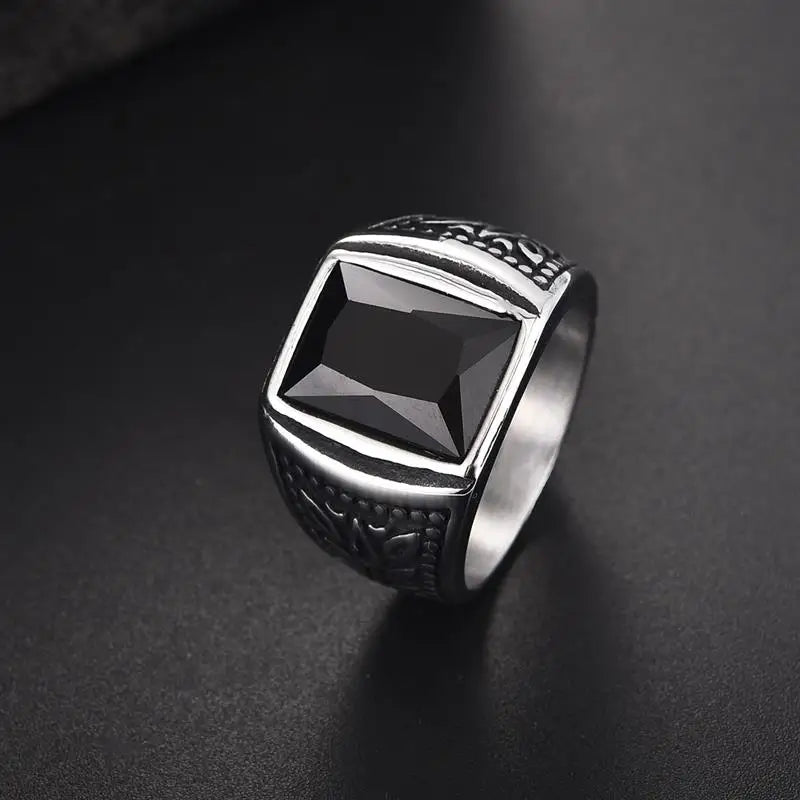 Anillo vintage para hombre, de acero inoxidable y titanio, con piedra de circón cuadrada roja, negra y verde, anillo para dedo, joyería punk hip hop para hombre, regalo de fiesta