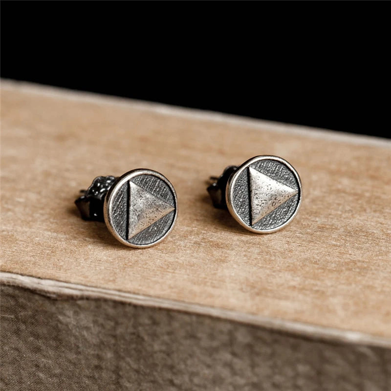 MKENDN New 100% 925 Sterling Silver Creative Retro Round Triangle Stdu Earrings Punk Men Women Stud Earrings