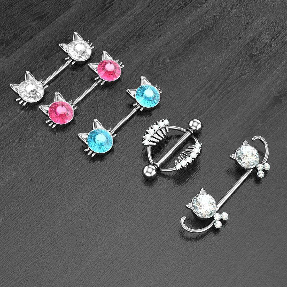 2pcs Cute Cat Bear Dangled Nipple Rings Fashion Butterfly Dragonfly Bee-shaped Shield Barbell Women Girls Sexy Nipple Piercings