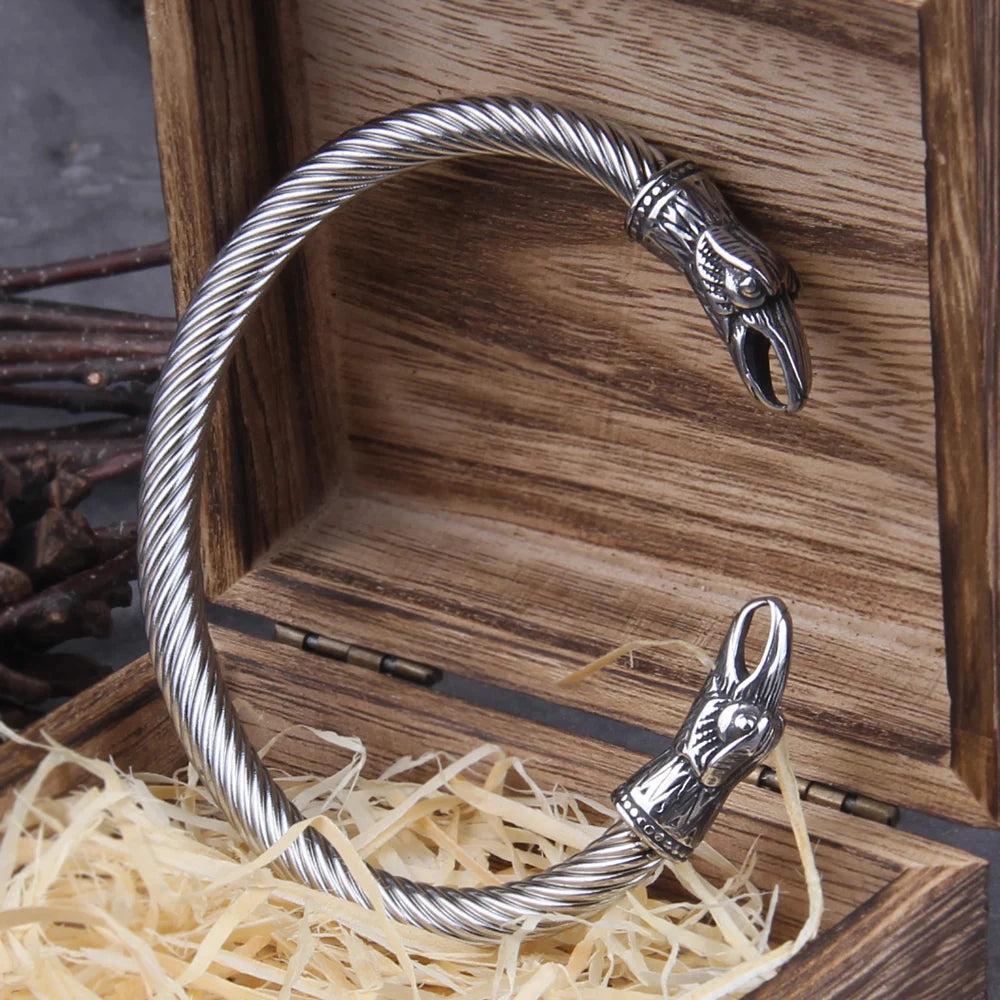 Bracelet en acier inoxydable pour homme avec corbeau nordique viking et boîte en bois viking