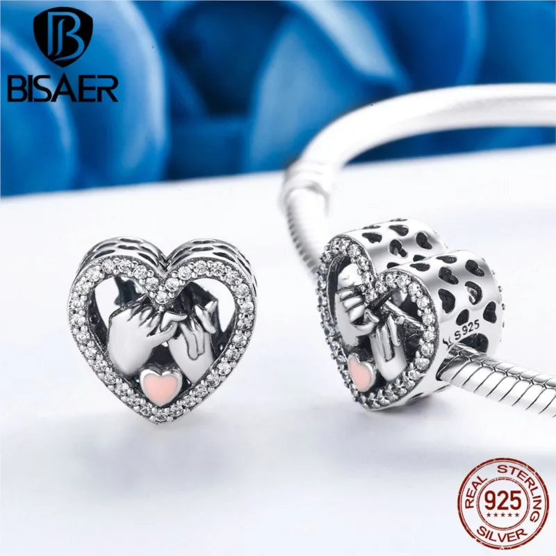 BISAER 925 Sterling Silver Heart Charms Hand In Hand CZ Bead Fit Woman Bracelets & Necklaces Valentine's Day Gift ECC167