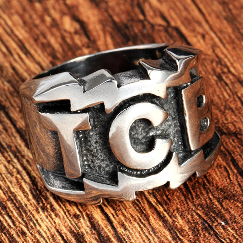 Mens Heavy Metal TCB Ring Stainless Steel Biker Ring Cool Take Care of Business Ring Fashion Male Punk Jewelry Party Best Gift