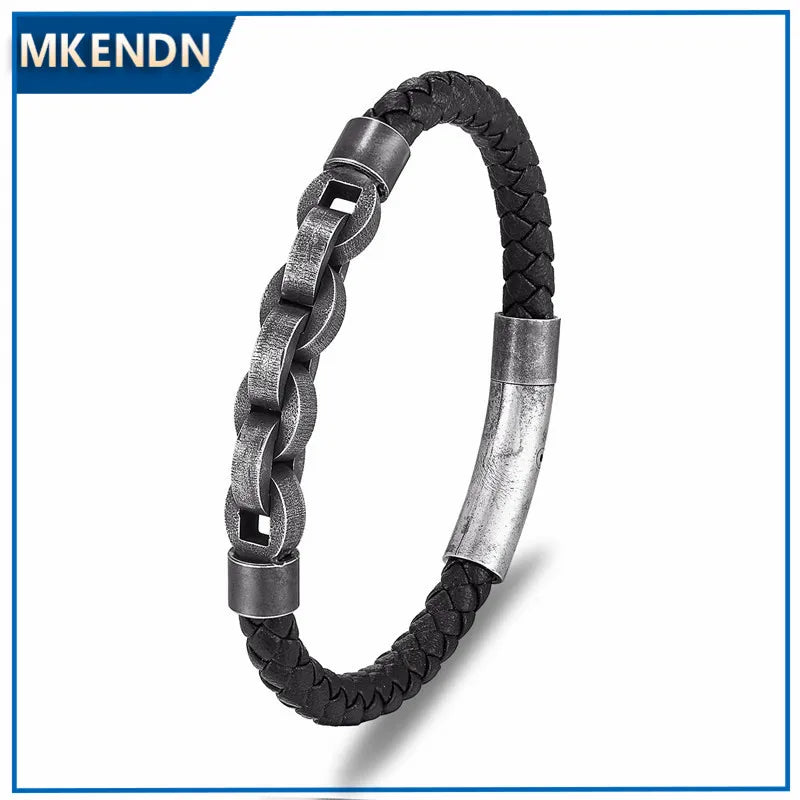 MKENDN Vintage Oxidized black Cuban Link Chain Bracelet Men Stainless Steel Leather Bracelets Hip Hop Biker Hand Chain Bracelet