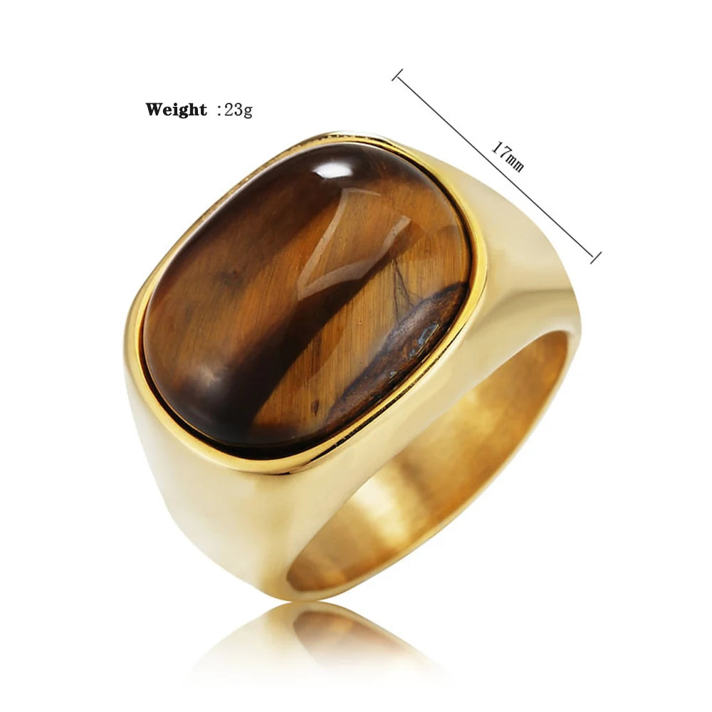 Anillos de piedra marrón ojo de tigre retro de color dorado/acero para hombres y mujeres, anillo de piedra de acero inoxidable clásico elegante y simple, regalo de joyería