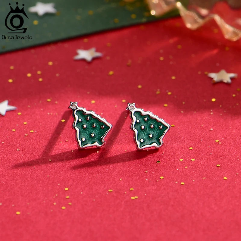 ORSA JEWELS Cute Xmas 925 Sterling Silver stud earrings for Women Girls Snowman Christmas Tree Jewelry Christmas Gifts HOE06