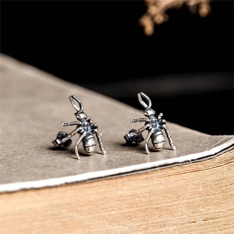 MKENDN Retro 3D Ant Stud Earrings for Men Women Sterling Silver 925 Hexapod Insect Ear Studs Bijoux Anti-allergy Jewelry