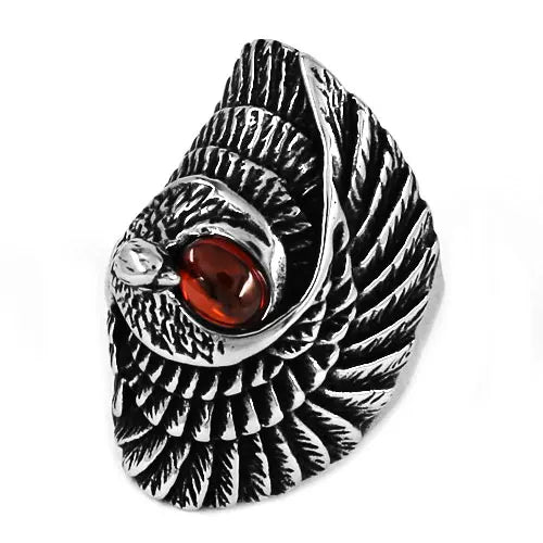 Personality Animal Eagle Ring Red Stone Stainless Steel Jewelry Cool Long Eagle Bird Biker Ring For Men Girl Wholesale SWR0453A